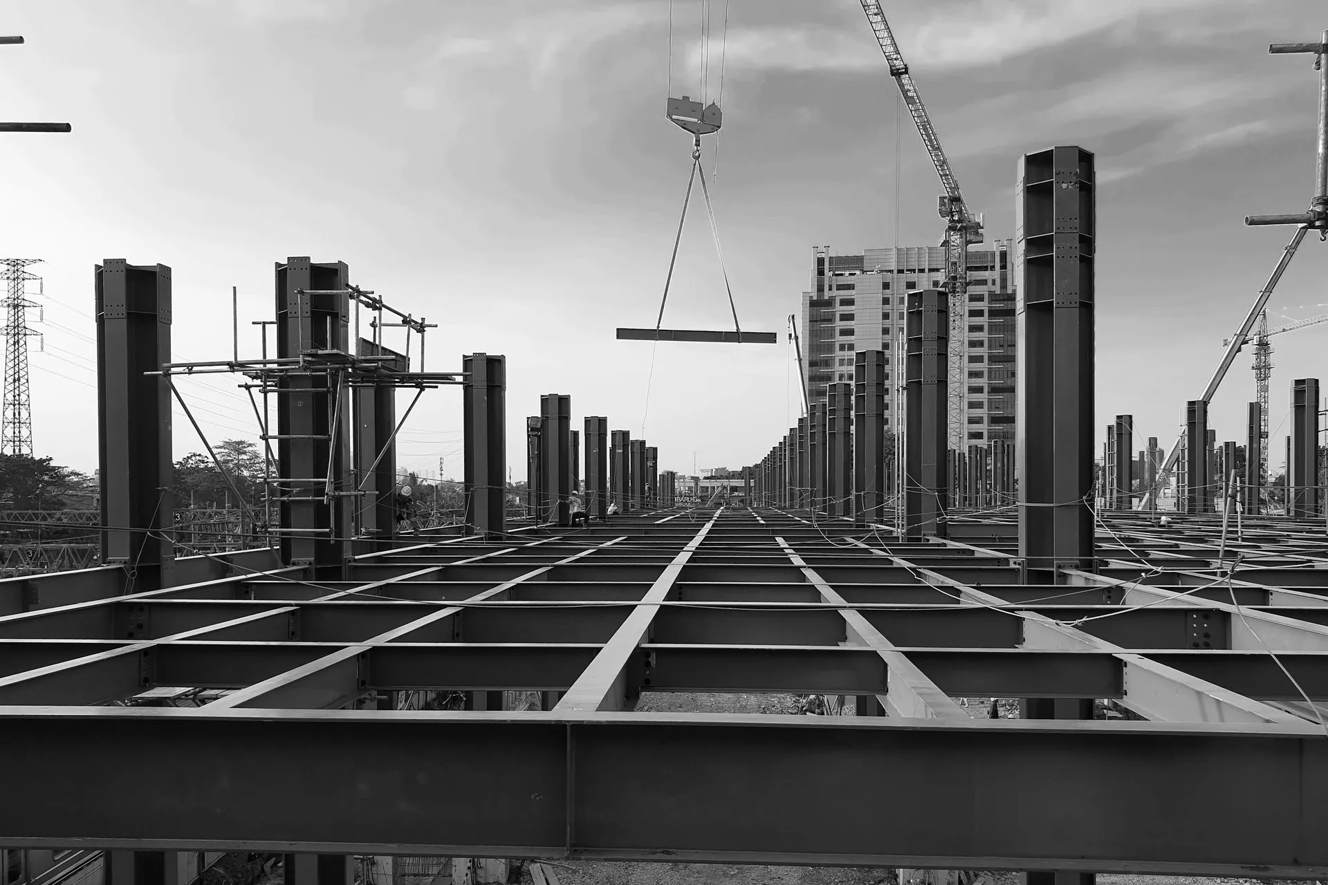 Workers on scaffolding at a construction site